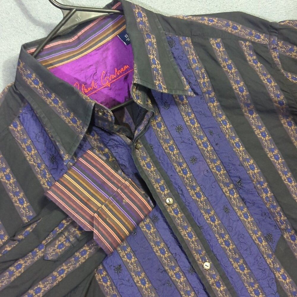 Robert Graham Shirt Men's XL Black & Purple Flip Cuff Cotton With Silk Trims